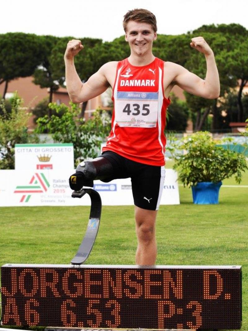 Denmark’s Daniel Jorgensen after breaking own long jump T42 world record in Grosseto, Italy.