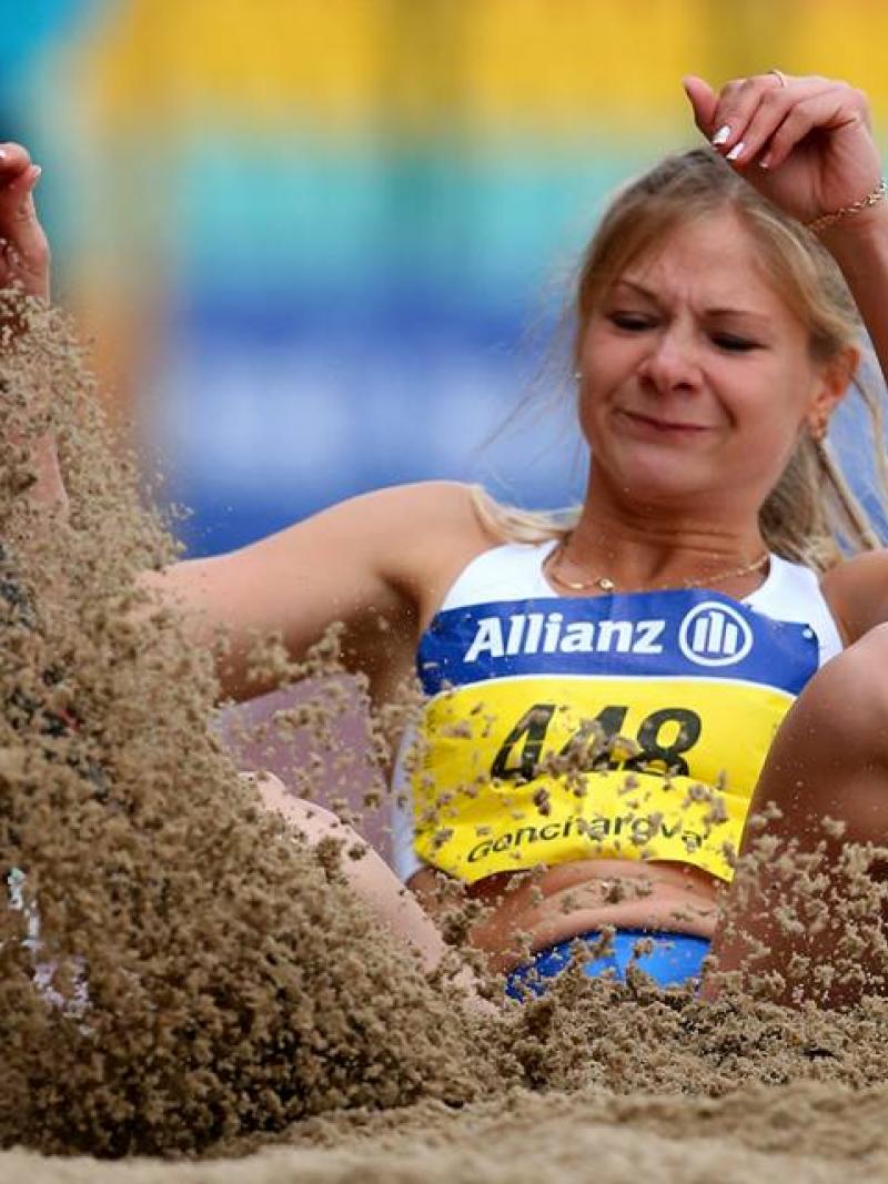 Russia's Margarita Goncharova jumps a new world record in the woman's long jump at the IPC Athletics Grand Prix Berlin 2015 at Friedrich-Ludwig-Jahn-Sportpark.
