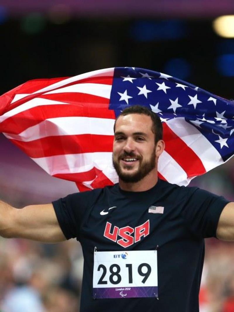 Jeremy Campbell of the United States celebrates winning gold in the Men's Discus Throw - F44 Final on day 8 of the London 2012 Paralympic Games.