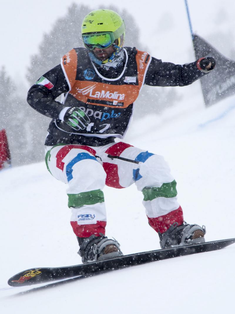 Manuel Pozzerle competes at the 2015 IPC Snowboard World Championships in La Molina, Spain.