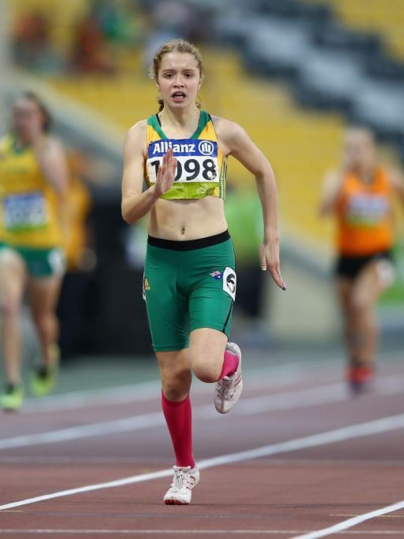 Isis Holt of Australia competes in the women's 200m T35 final during the Evening Session at the 2015 IPC Athletics World Championships in Doha, Qatar.