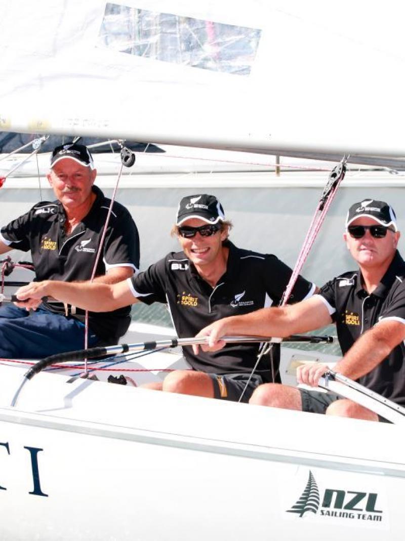 Chris Sharp, Andrew May and Richard Dodson aboard their boat during the New Zealand 2016 Summer Paralympic Team Selection Announcement at the Royal New Zealand Yacht Squadron on March 3, 2016 in Auckland, New Zealand.