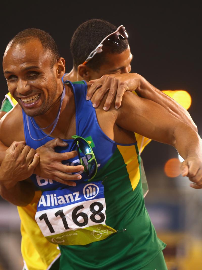 Brazil's Felipe Gomes of Brazil celebrates winning the men's 200m T11 final at the 2015 IPC Athletics World Championships in Doha, Qatar.