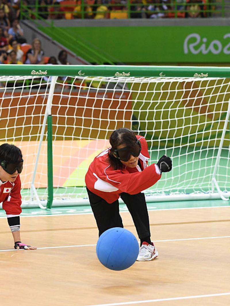 Akiko Adachi of Japan throws the ball in the women's Goalball at the Rio 2016 Paralympic Games.