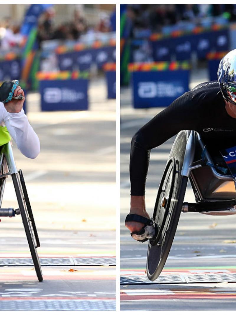 Tatyana McFadden of the United States and Marcel Hug of Switzerland at the 2016 TCS New York City Marathon in Central Park.