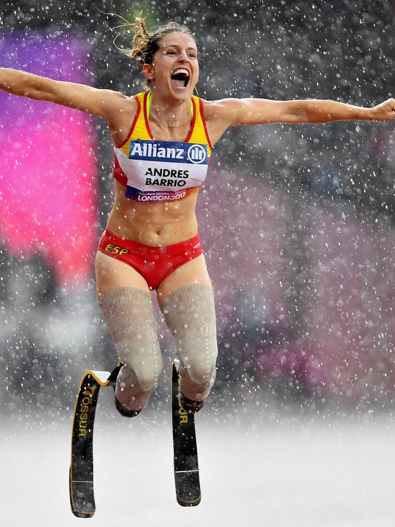 Spain's Sara Andres Barrio celebrates after winning bronze in the women's 200m T44 at London 2017.