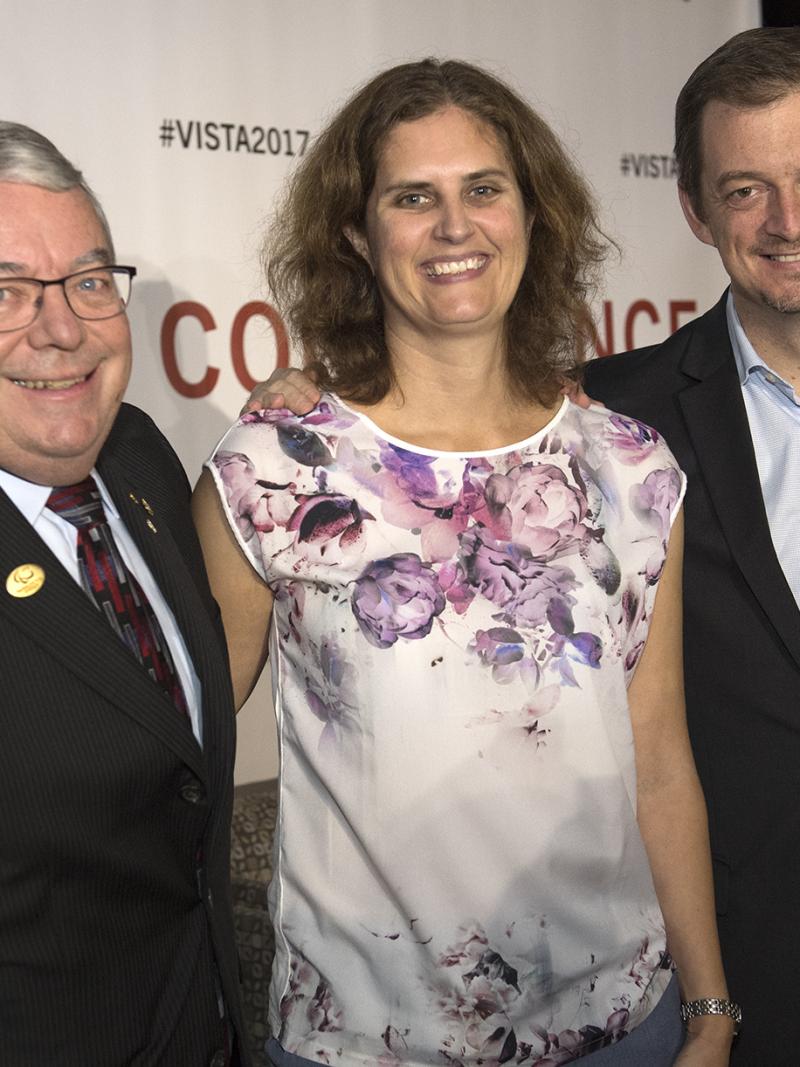 The IPC's founding President Dr. Bob Steadward, 2017 Scientific Award winner Victoria Goosey-Tolfrey and IPC President Andrew Parsons at the opening of VISTA 2017 in Toronto.