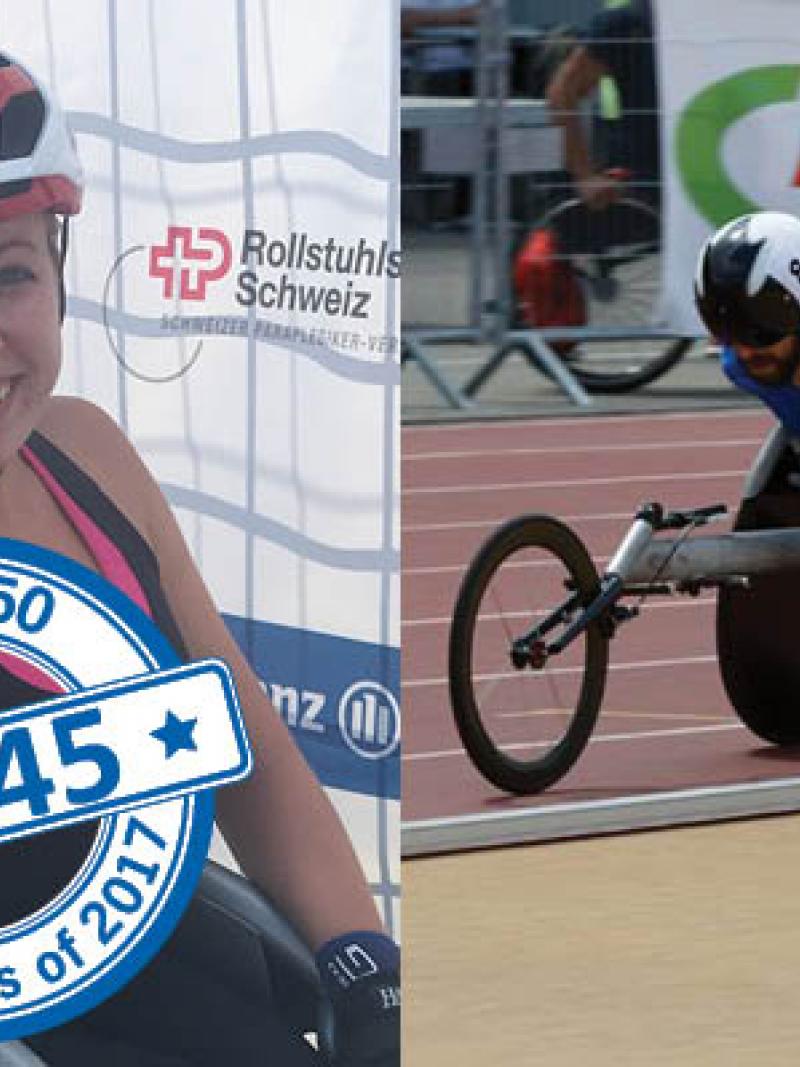 a female and male wheelchair racer