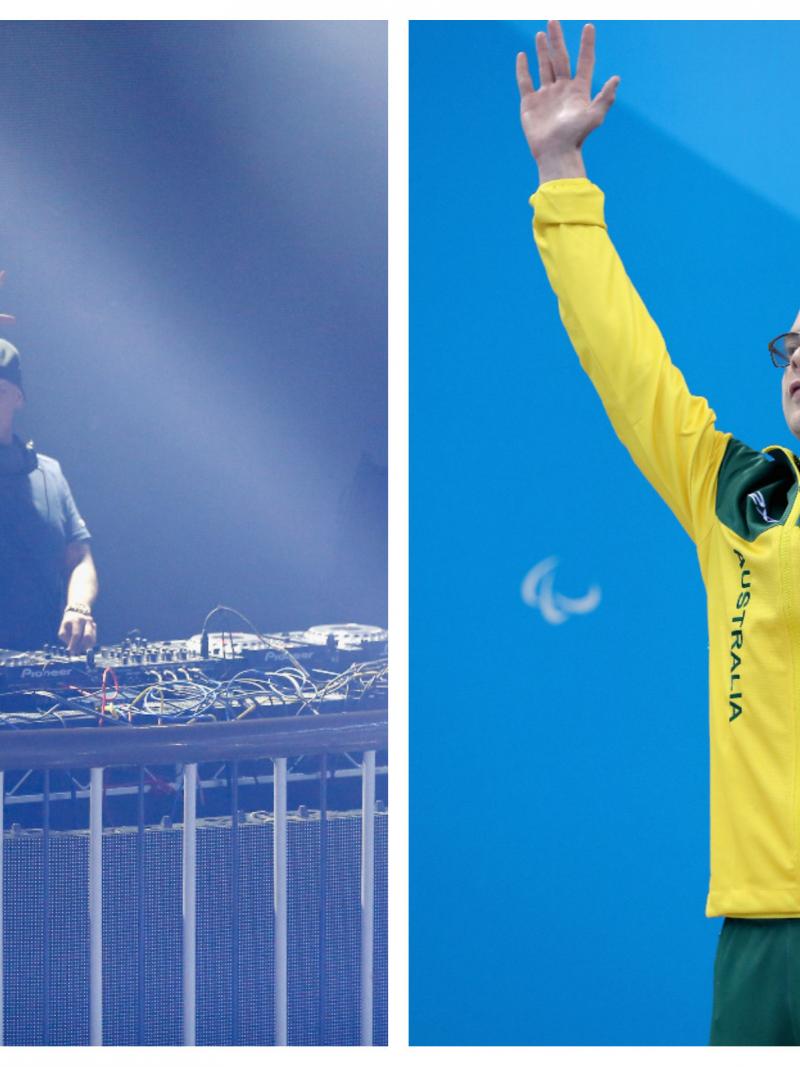a male DJ at the decks and a swimmer raising his arms on the podium