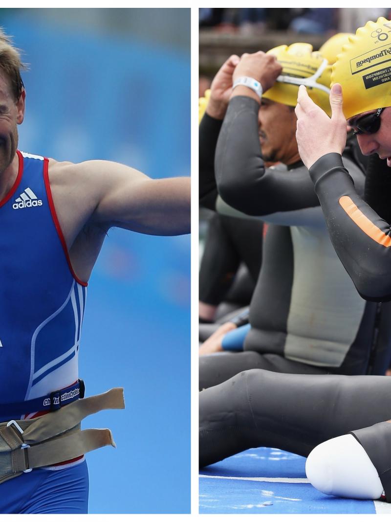 a male Para triathlete celebrating crossing the line and a male Para triathlete preparing to swim