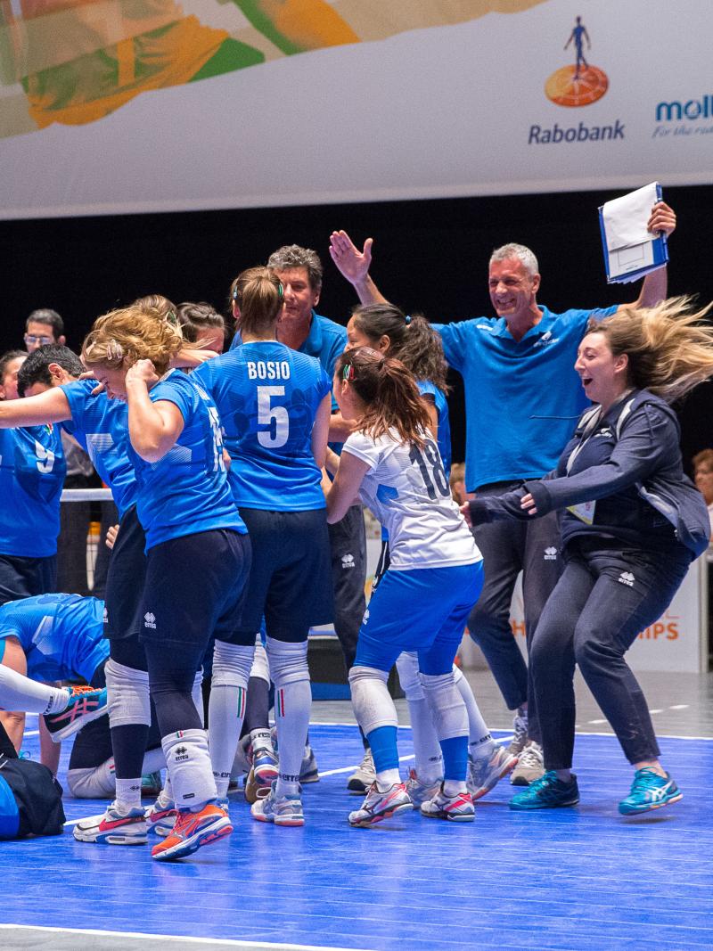 Italian sitting volleyball team celebrates after beating hosts Netherlands at the 2018 World Championships