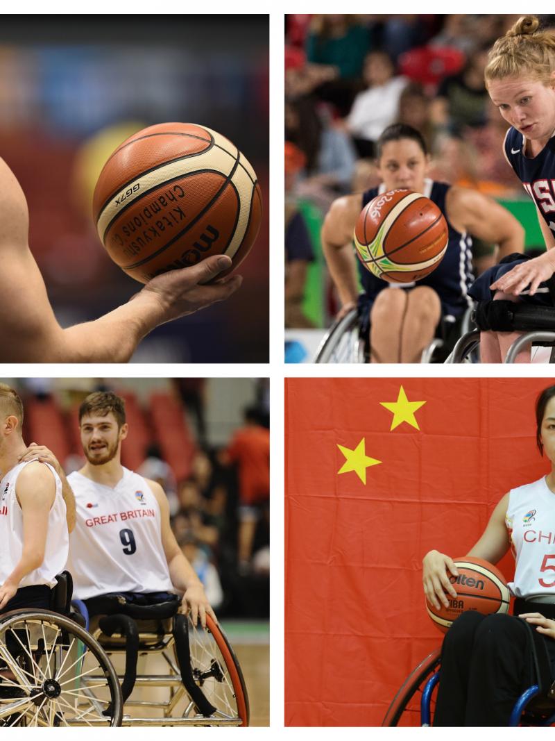male and female wheelchair basketballers competing on the court