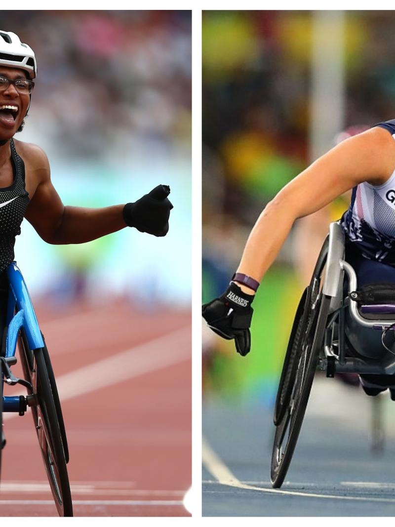 female wheelchair racers Kare Adenegan and Hannah Cockroft celebrating crossing the finish line