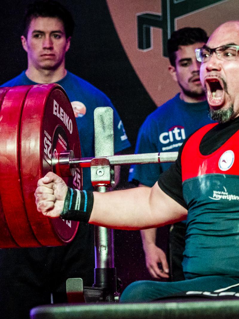 Chile's Juan Carlos Garrido celebrates winning gold at the Bogota 2018 orld Para Powerlifting Americas Open Championships.