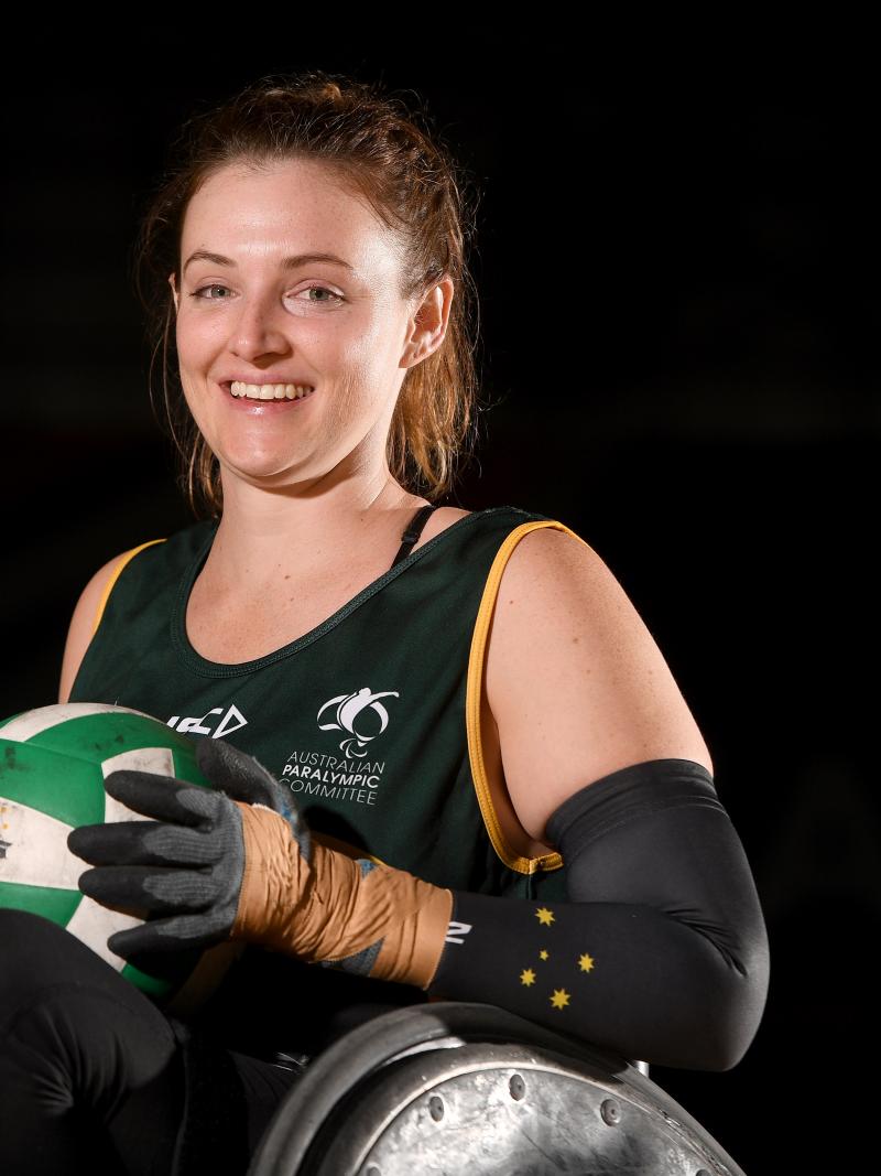 female wheelchair rugby player Shae Graham holding a ball