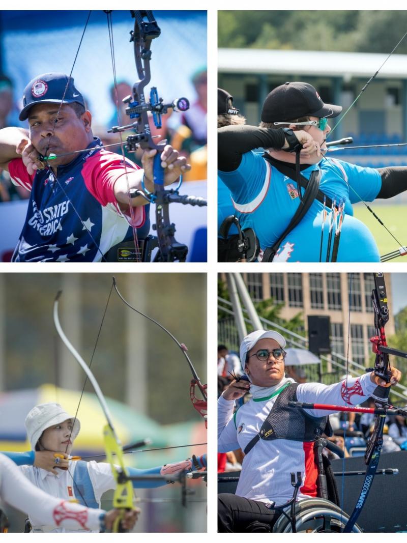 Photo collage of eight Para archers