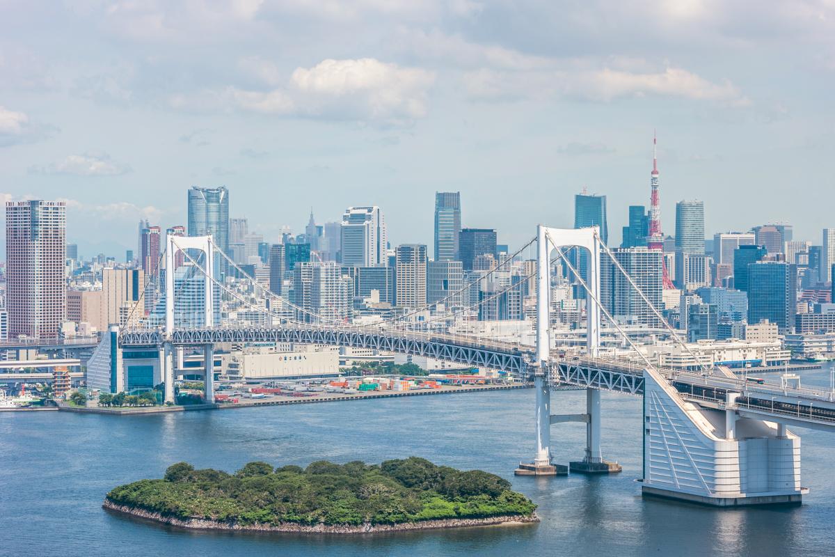 a view of the Tokyo skyline and the city's Rainbow Bridge