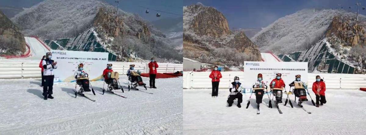 Two pictures of Para alpine sit-skiers receiving their prizes in a medal ceremony with snowy mountains in the background