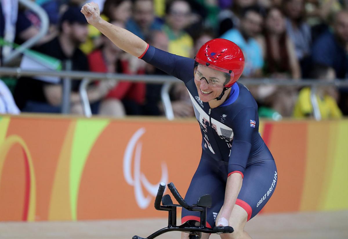 JUBILANT: File photo of Sarah Storey celebrating after the women’s C5 3000m individual pursuit track cycling at Rio 2016 Paralympic Games. 