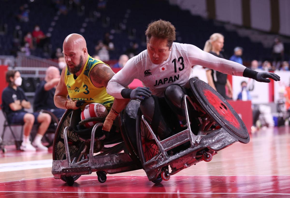 Two wheelchair rugby players clash Shinichi Shimakawa