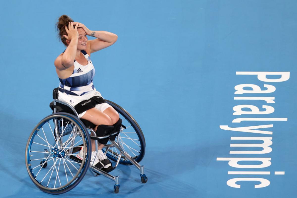 WILL BE MISSED: Jordanne Whiley of Great Britain reacts after winning bronze beating Aniek van Koot of Netherlands in the Wheelchair Tennis Women's Singles  at the Tokyo 2020 Paralympic Games. 