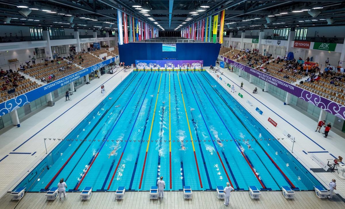 The view of a swimming pool complex with a swimming competition