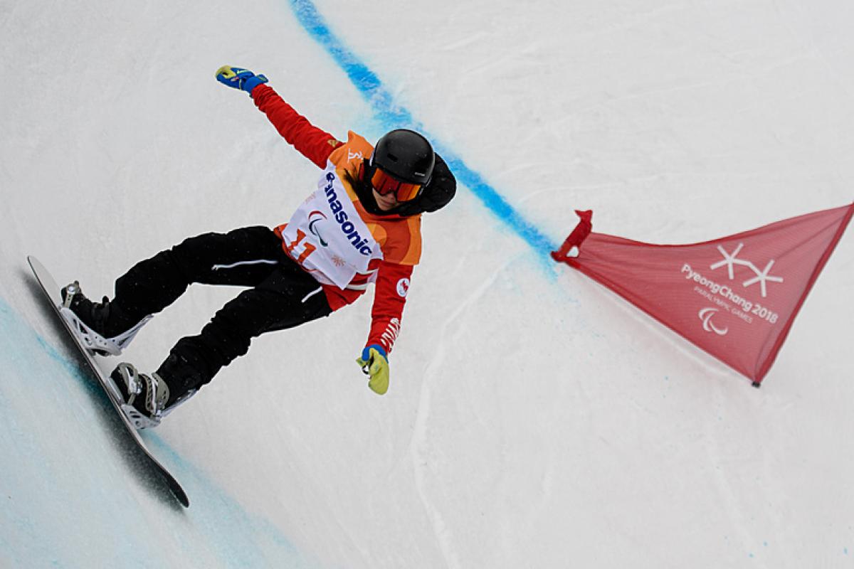 Para Snowboarder Sandrine Hamel in action at PyeongChang 2018