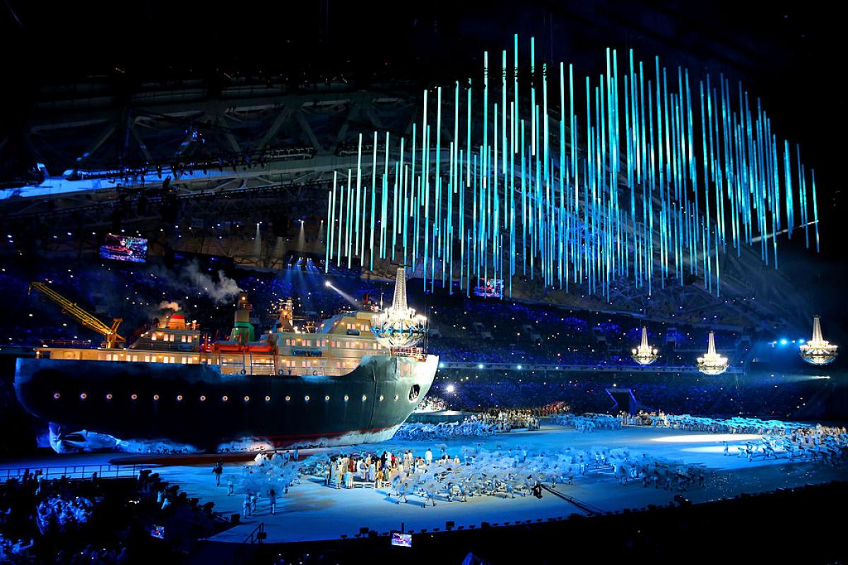 A giant ice breaker ship enters the arena of the Opening Ceremony of the Sochi 2014 Paralympic Winter Games.