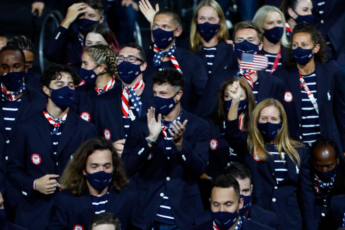 Athletes from Team USA take part in the parade of athletes during the Opening Ceremony of the Tokyo 2020 Paralympic Games.