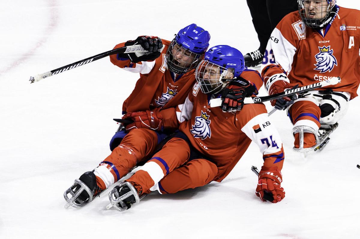 Czech players celebrate after the end of the bronze medal game against China.