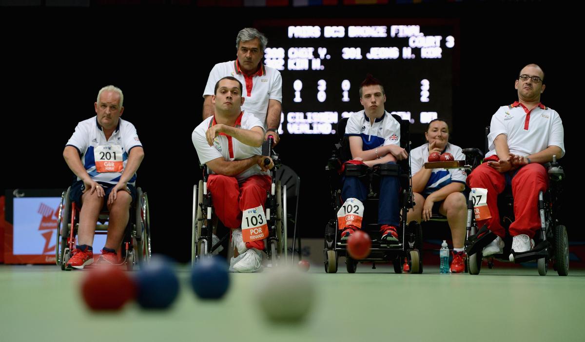 Joao Fernandes of Portugal plays a shot during the Mixed Team Boccia 