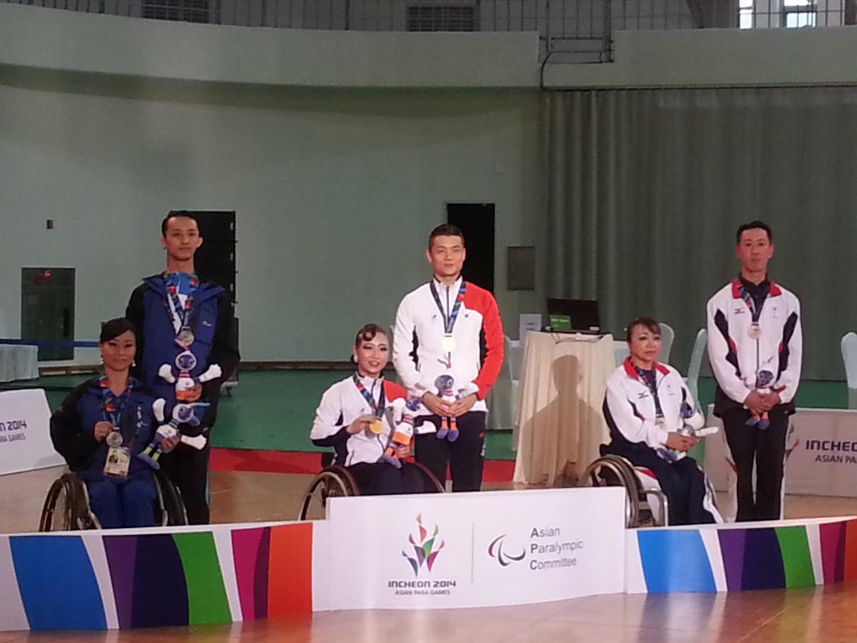 Three couples in training suits on a podium. 