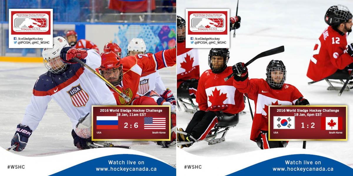 Two graphics with ice sledge hockey results, illustrated by photos