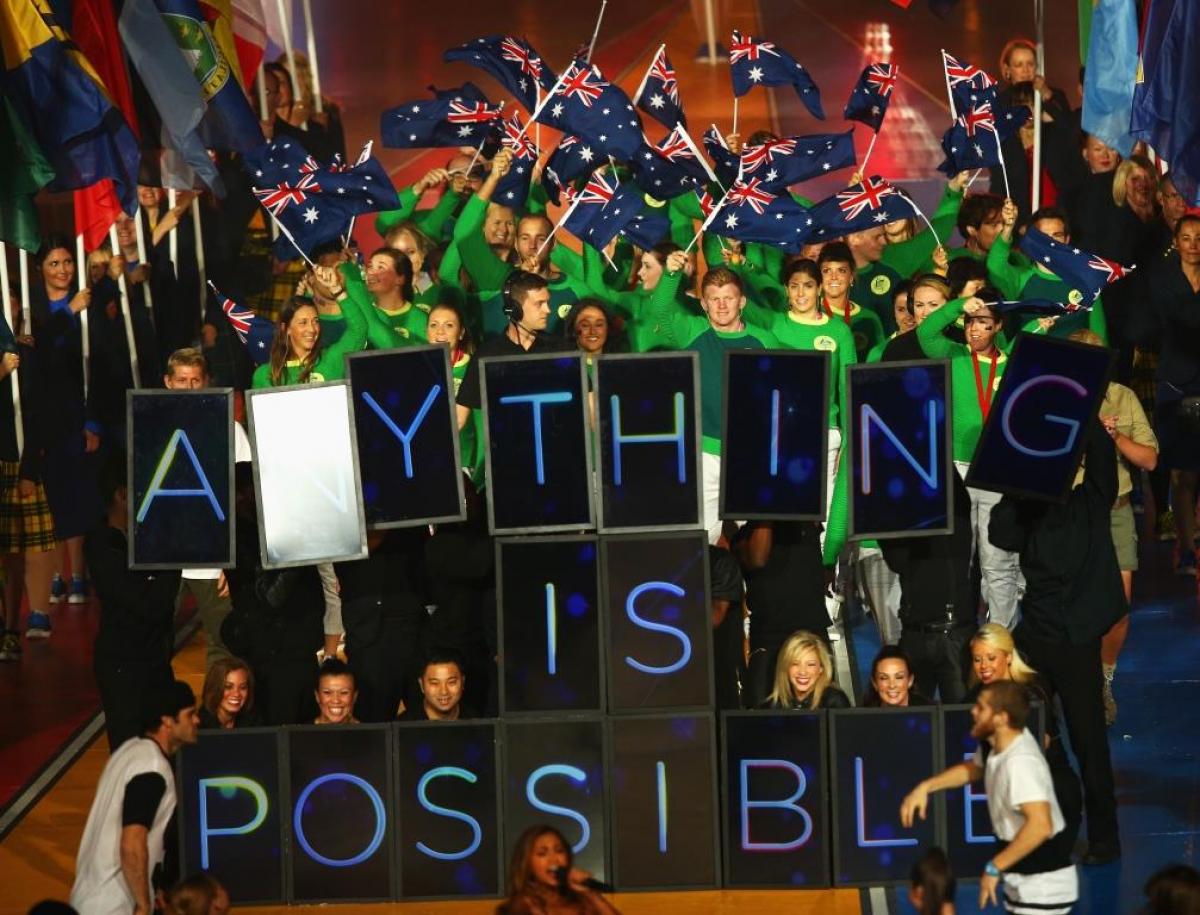 Performers on stage during Gold Coast 2018 flag handover during the Closing Ceremony for the Glasgow 2014 Commonwealth Games in Glasgow, United Kingdom. 