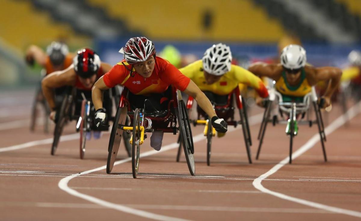 Lihong Zou of China wins the women's 800m T54 final at the 2015 IPC Athletics World Championships in Doha, Qatar.