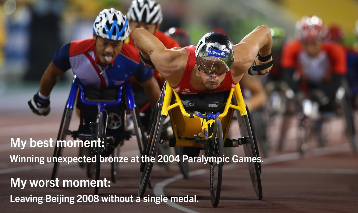 Graphic with a photo showing a group of wheelchair racers and some text.