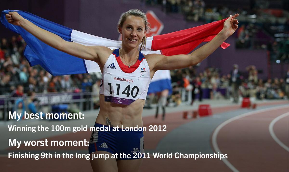 Woman with French flag in stadium. Text: My best moment:Winning the 100m gold medal at London 2012My worst moment:Finishing 9th in the long jump at the 2011 World Championships