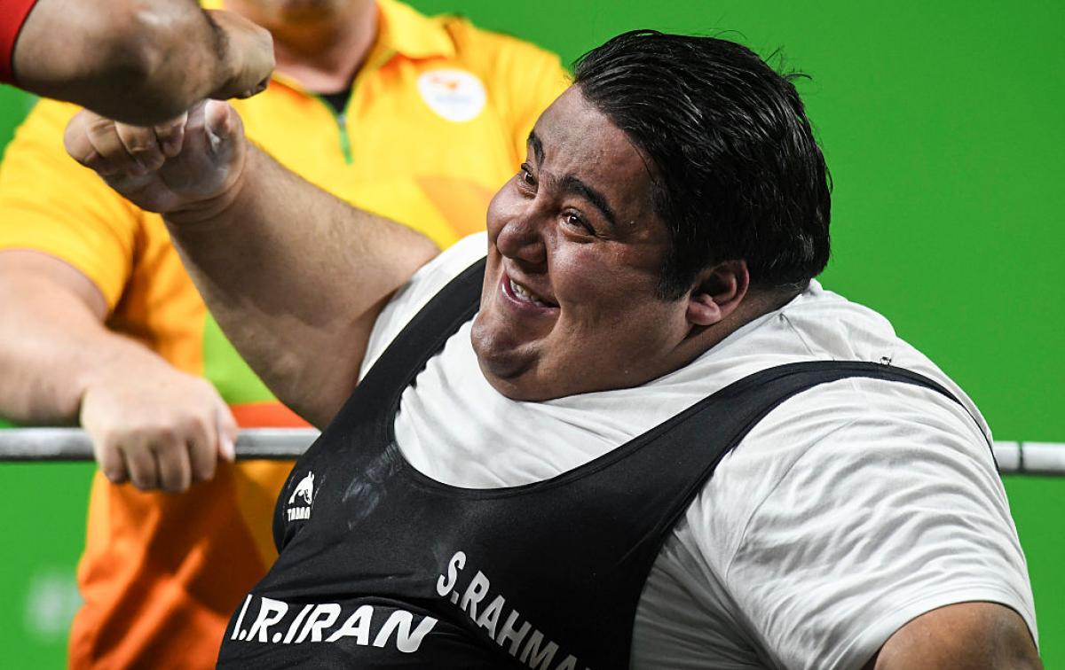 Siamand Rahman of Iran celebrates his victory on the Powerlifting - Men's +107kg Group A at Riocentro Pavillon 2