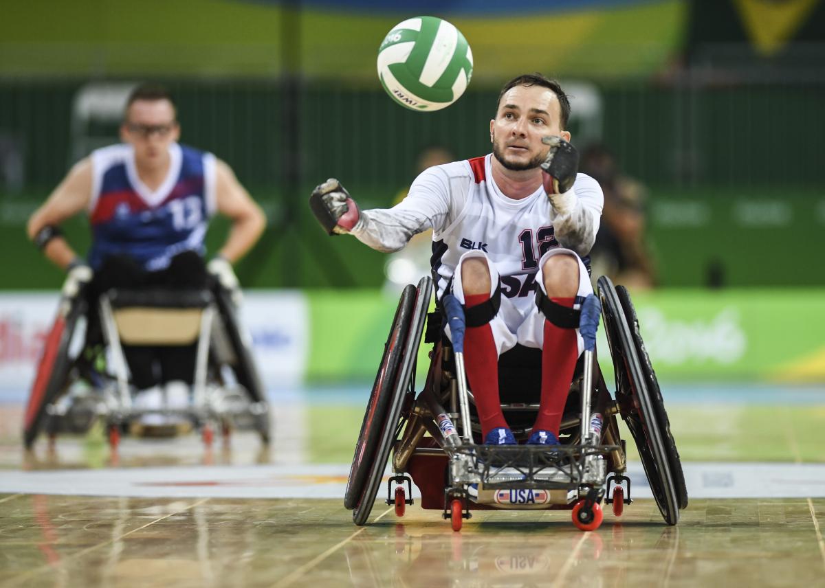 The USA's Chad Cohn competes during the wheelchair rugby match against France at the Rio 2016 Paralympic Games.