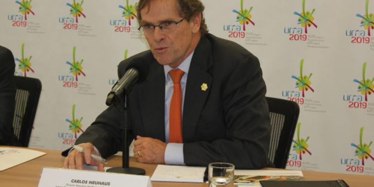 Lima 2019 President Carlos Neuhaus gives a press conference.