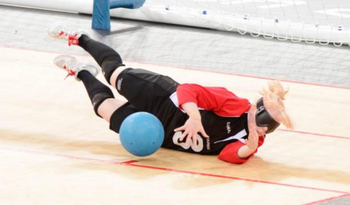 Blindfolded women stopping a ball