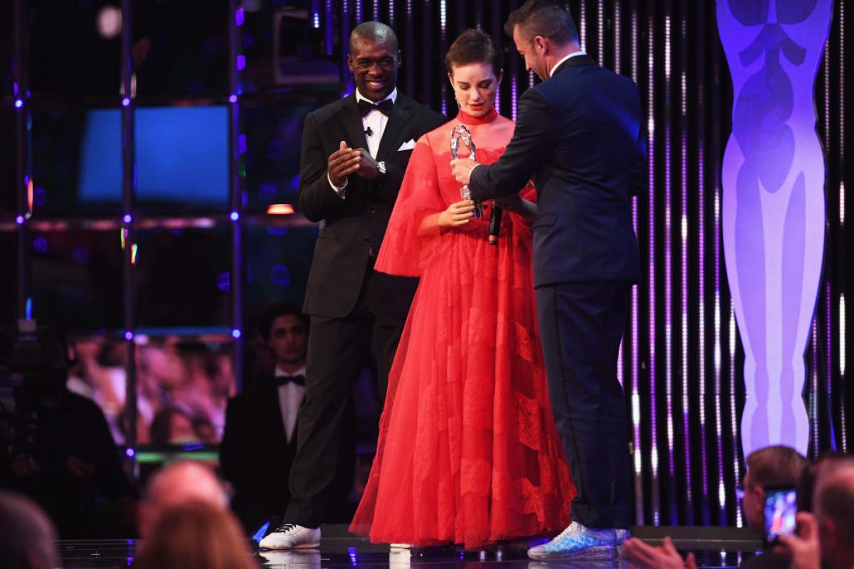 Laureus Academy member Alessandro Del Piero hands the Laureus World Sportsperson of the Year with a Disability Award to winner Fencer Beatrice Vio of Italy during the 2017 Laureus World Sports Awards.