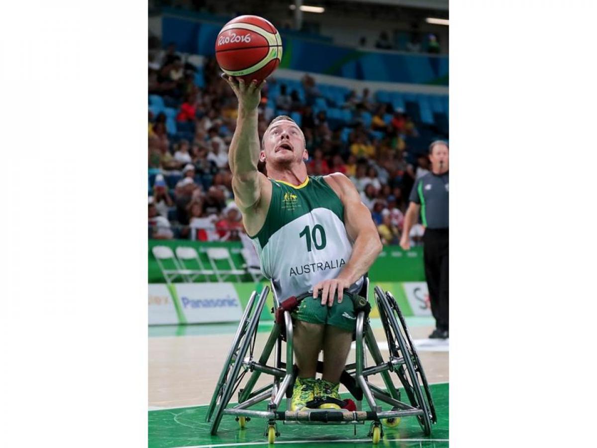 Jannik Blair of Australia in action during Men's Wheelchair Basketball match between Australia and Japan at the Rio 2016 Paralympic Games. 