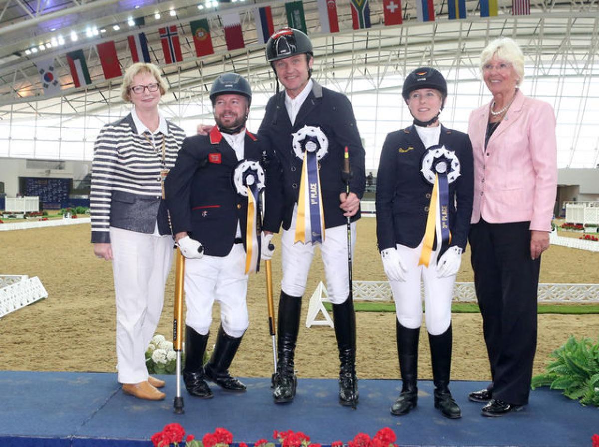 Lee Pearson, Pepo Puch and Alena Rosenburg at the 2017 Al Shaqab competition in Doha, Qatar. 