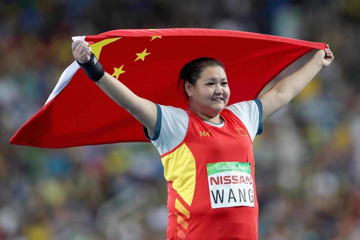 China's Jun Wang celebrates winning the women's shot put F35 at the Rio 2016 Paralympic Games.