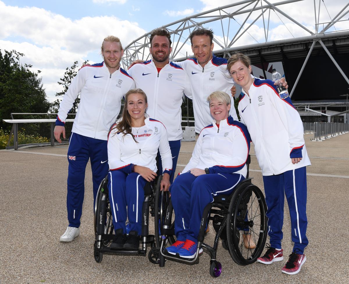 Jonnie Peacock, Hannah Cockroft, Aled Davies, Richard Whitehead, Jo Butterfield and Sopie Hahn pose outside London Olympic Stadium.