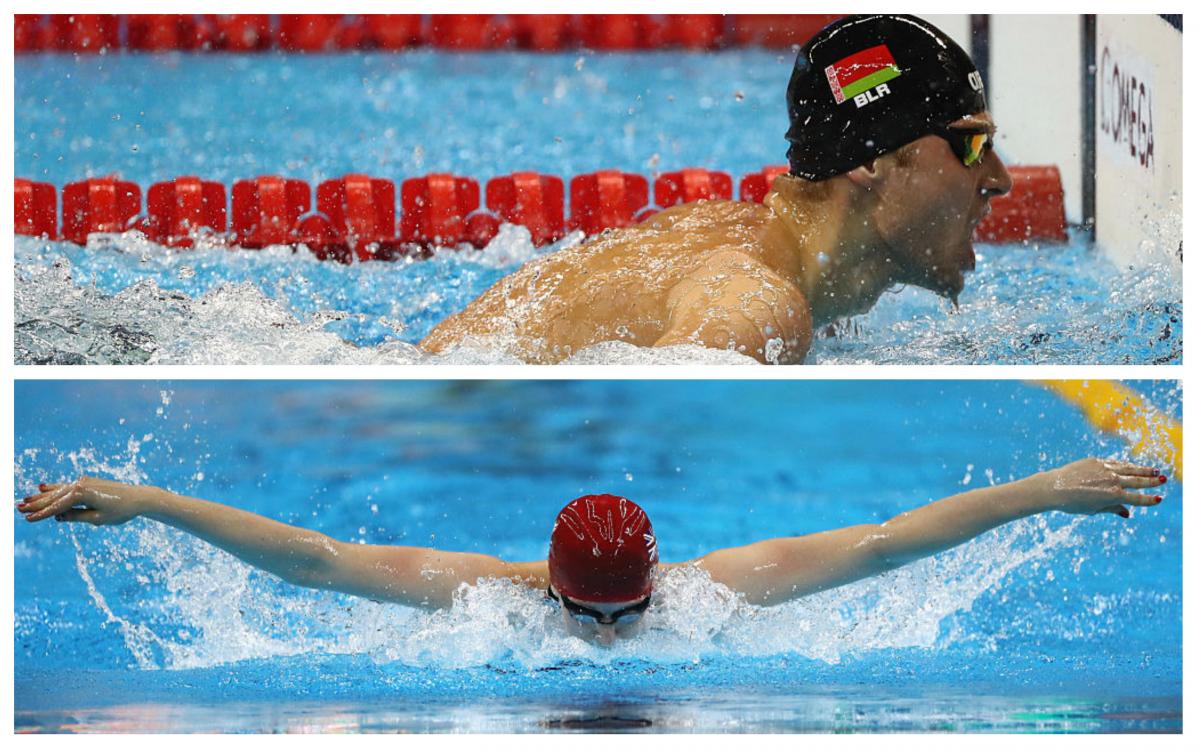 A male swimmer touches the wall and a female swimmer breathes during a stroke