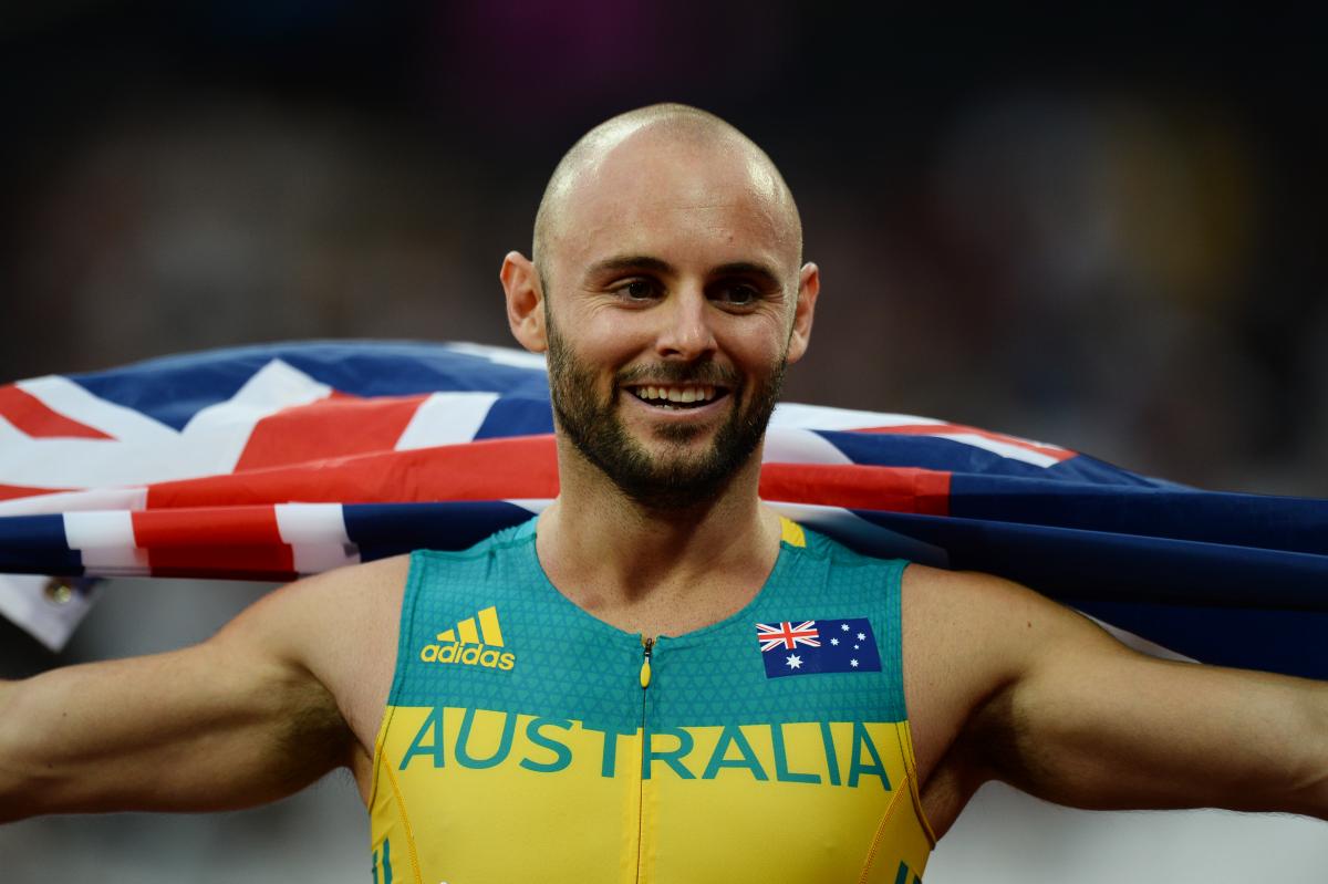 Australia's Scott Reardon celebrates winning the men's 100m T42 final during the World Para Athletics Championships London 2017.