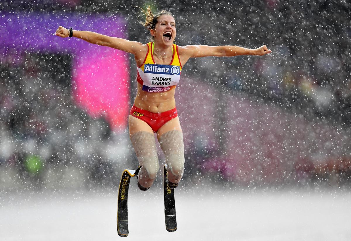 Spain's Sara Andres Barrio celebrates after winning bronze in the women's 200m T44 at London 2017.