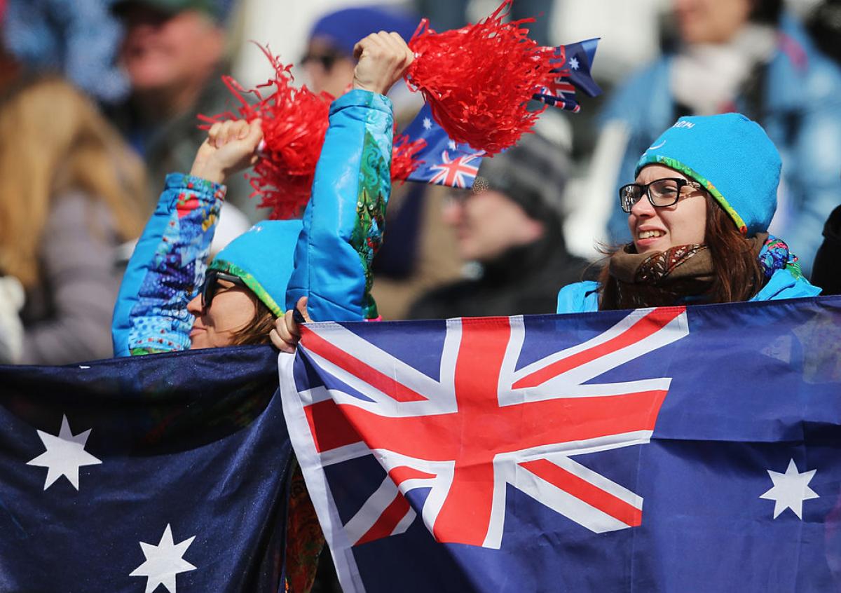 a group of fans cheer and wave flags